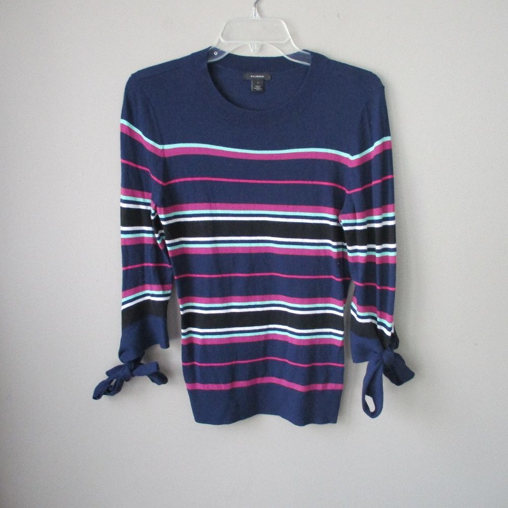 Womens Halogen Sweater Crew Neck Blue Pink Size Small Half Sleeves with Bow